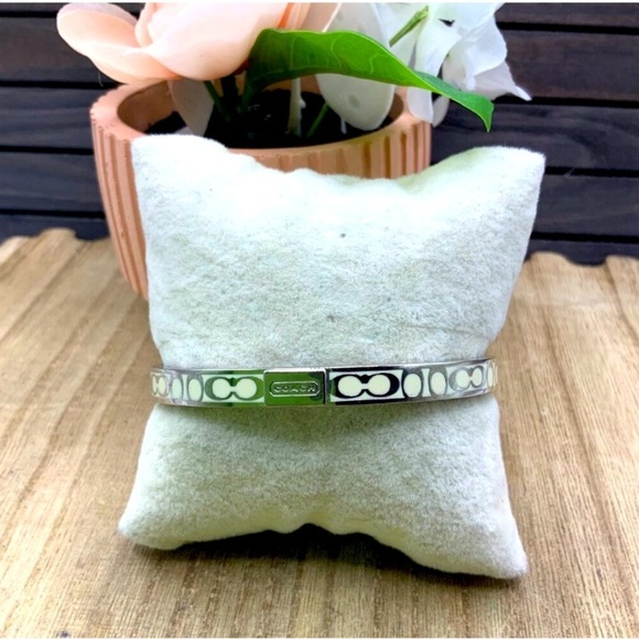 COACH Cream & Silver Enamel “C” Monogram Bangle Bracelet, EUC - Picture 2 of 5